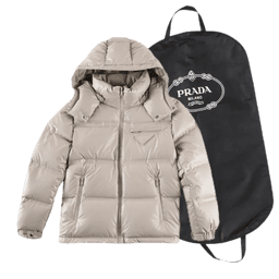 连帽短款羽绒服三角标米白